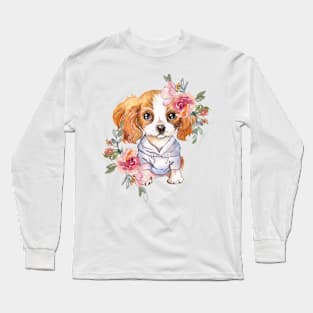 Cute Cavalier King Charles Spaniel with Flowers Watercolor Art Long Sleeve T-Shirt